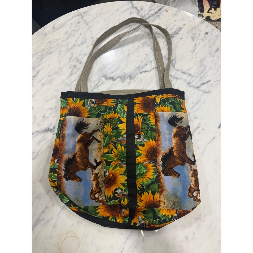 Handmade Quilted Tote Bag Horse Sunflower Print Western Shoulder Bag MultiPocket
